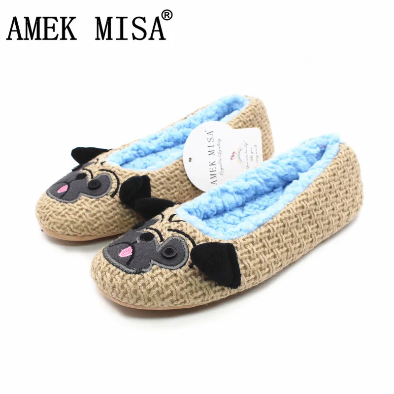 

Cute Animal Women Indoor Slippers New Winter Cotton Warm Soft Pug Dog Embroider Home Shoes Woman Ballet Yoga Slipper House MS018
