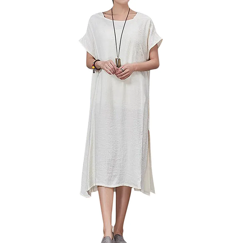 Винтажные женские летние однотонные платья с коротким рукавом, льняное повседневное длинное платье-рубашка, свободное хлопковое облегающее платье с квадратным вырезом, Vestido 5XL