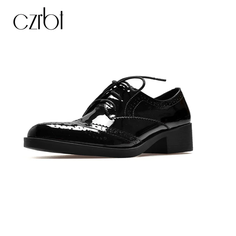 

CZRBT British Style Concise Women Oxfords Shoes Carved Flower Woman Handmade Genuine Leather Fashion Ladies Derby Flats Shoes