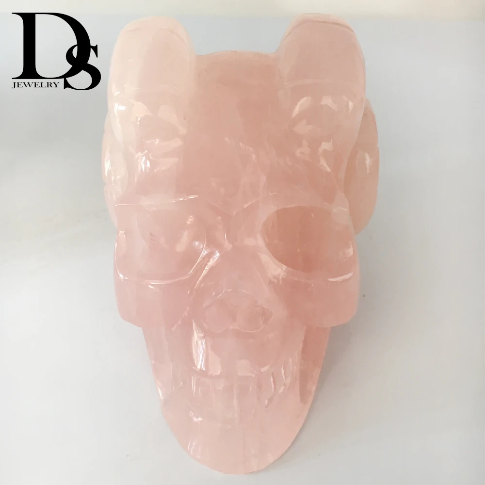 1000 г высокое качество натуральный ручной резной розовый кварц Рог дьявол кварцевый хрустальный череп фигурка Исцеление Кристалл дома