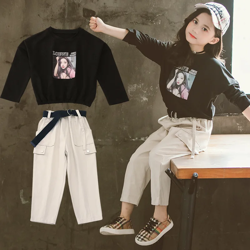 

New Fashionable Children's Suit Girls Autumn Workwear Pants Set Big Girl Beauty Pattern Black Sweater Trousers Two-piece