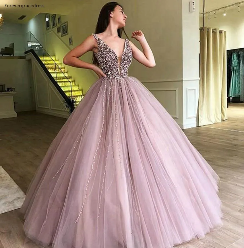 2019 Дешевое розовое длинное платье для Quinceanera Тюлевое милое принцессы с бисером 16