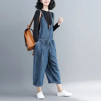 

Jumpsuit autumn new fashion large size women's denim overalls loose wide leg suspenders girl