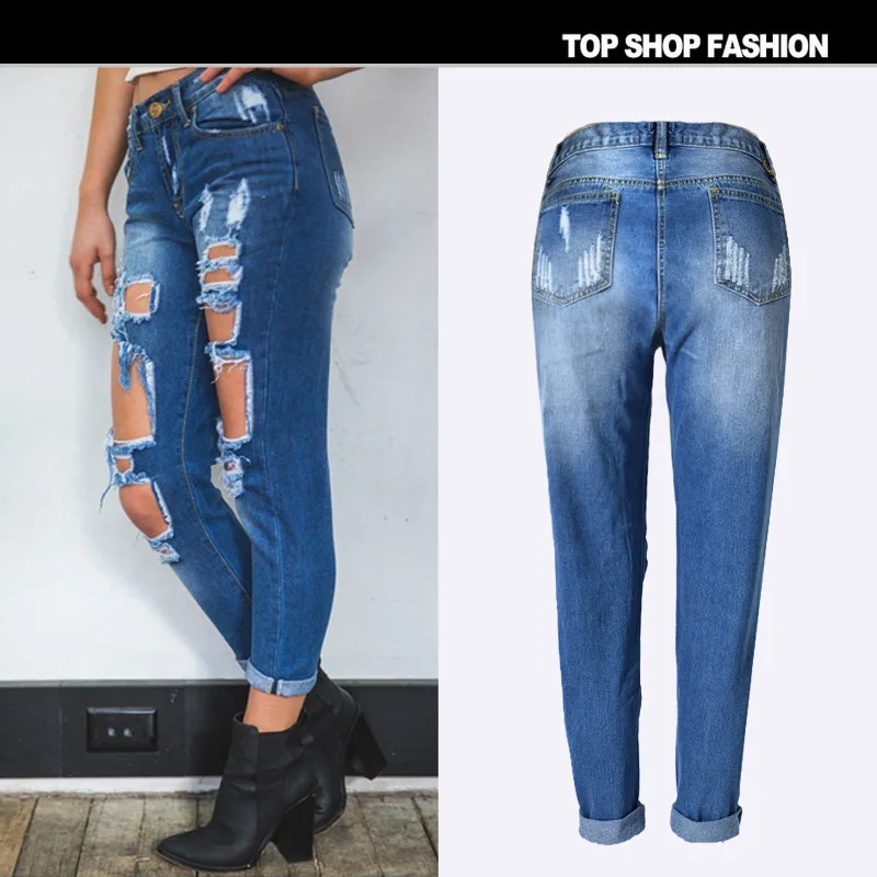 

New cheap hot fashion explosion models spring and autumn sexy women's hole jeans loose straight pants t big sizeXS-3XL