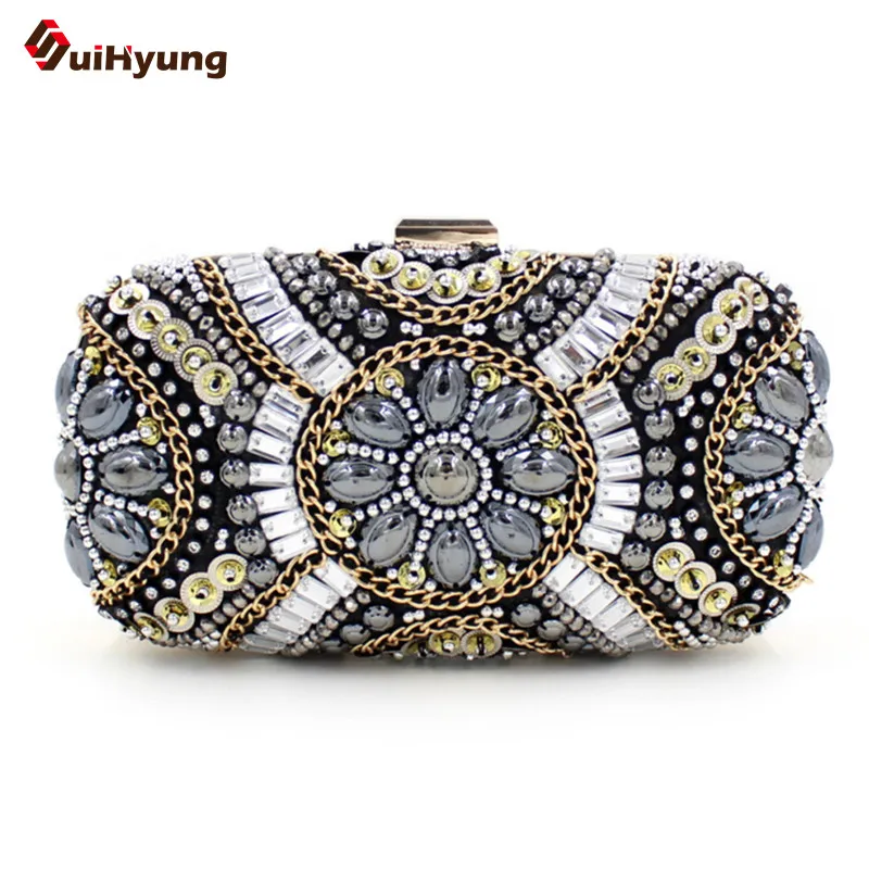 New Luxury Women Party Day Clutches Evening Bag Fashion Glitter Crystal Beads Chain Hard Box Clutch