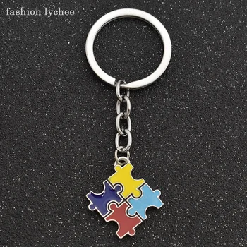 

fashion lychee New Design Autism Sign Four Color Puzzle Love Heart Cross Key Chain Metal Pendant Keyring Gift