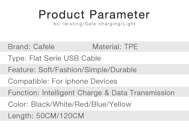 Cafele плоский кабель Usb для iphone X 8 7 6 Plus 5S SE ipad Usb кабель с разъемом usb-c для быстрой зарядки передачи и синхронизации данных кабель прочный безвредный для йоги TPE 5V 2.1A