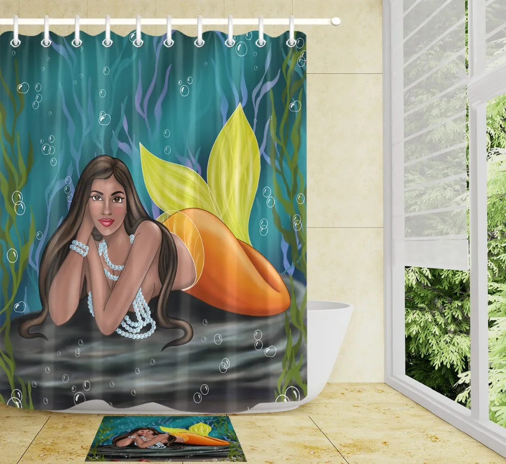 

Yellow Sexy Mermaid Seaweed Long Black Hair Pearl Shower Curtain Liner And Mat Set Bathroom Waterproof Fabric For Bathtub Decor