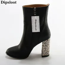 Dipsloot/Новое поступление года; блестящий глиттер; модельные туфли на не сужающемся книзу массивном каблуке; женские ботильоны с круглым носком; обувь на молнии