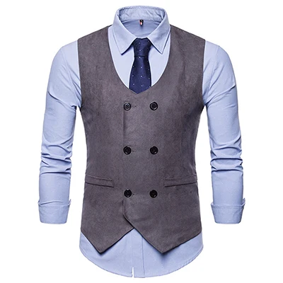 Большой размер Мужская костюм жилет двубортный карманы украсить Повседневный стиль замши смесей сплошной цвет жилет осенне-зимняя одежда - Цвет: gray