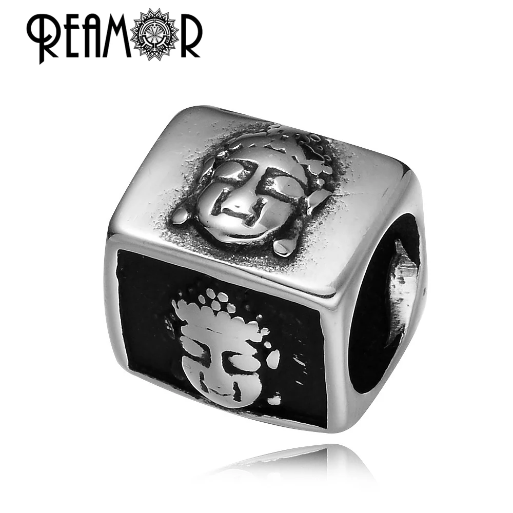 

REAMOR High Polished Buddha Head 316L Stainless steel DIY Long Metal Bracelet Beads Big Hole Beads for Jewelry Making Wholesale