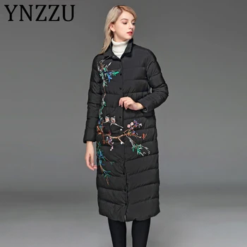 

YNZZU Chinese Style Vintage Women's Down Jacket 2019 Winter Embroidery Long 90% White Duck Down Coat Ladies Warm Outwear A1080