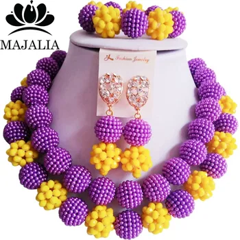 

Majalia Fashion Nigeria Wedding African Jewelry Set Purple and Yellow Crystal Plastic Pearl Necklace Bride Jewelry Sets 2CY004