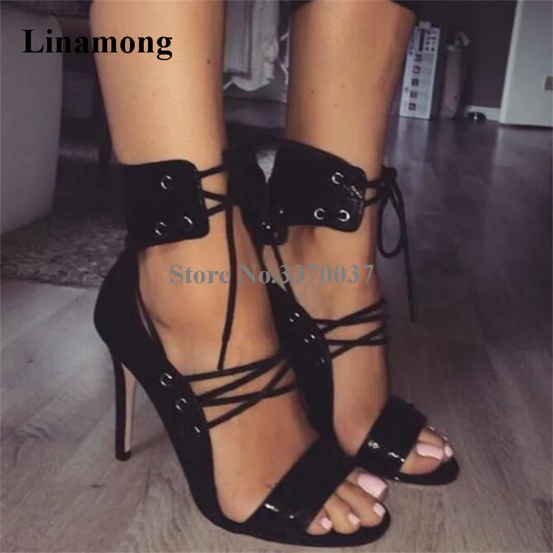 Women Summer Fashion Open Toe Black Pattern Leather Lace-up Gladiator Sandals Ankle Wrap Thin Heel Sandals High Heel Dress Shoes Women Summer Fashion Open Toe Black Pattern Leather Lace-up Gladiator Sandals Ankle Wrap Thin Heel Sandals High Heel Dress Shoes