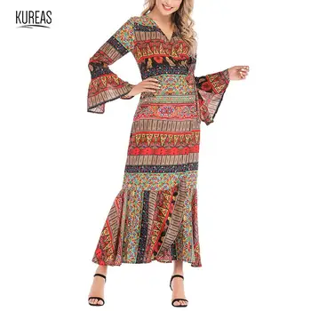 

Kureas African Dresses for Women Dashiki Long Beach Dress Flare Sleeve Tribal Vetement Femme African Clothes