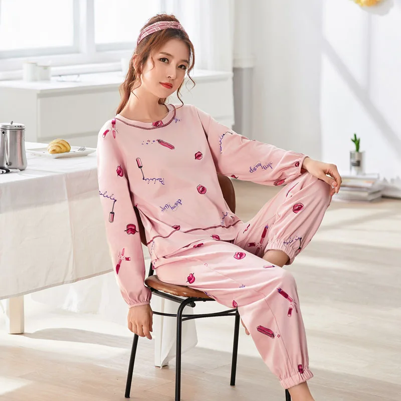 

Spring Autumn Cotton Printing Round Neck Top + Long Pant 2 Piece Sets Pajamas Set For Women Cute Sleepwear Girls Pyjama M-2XL