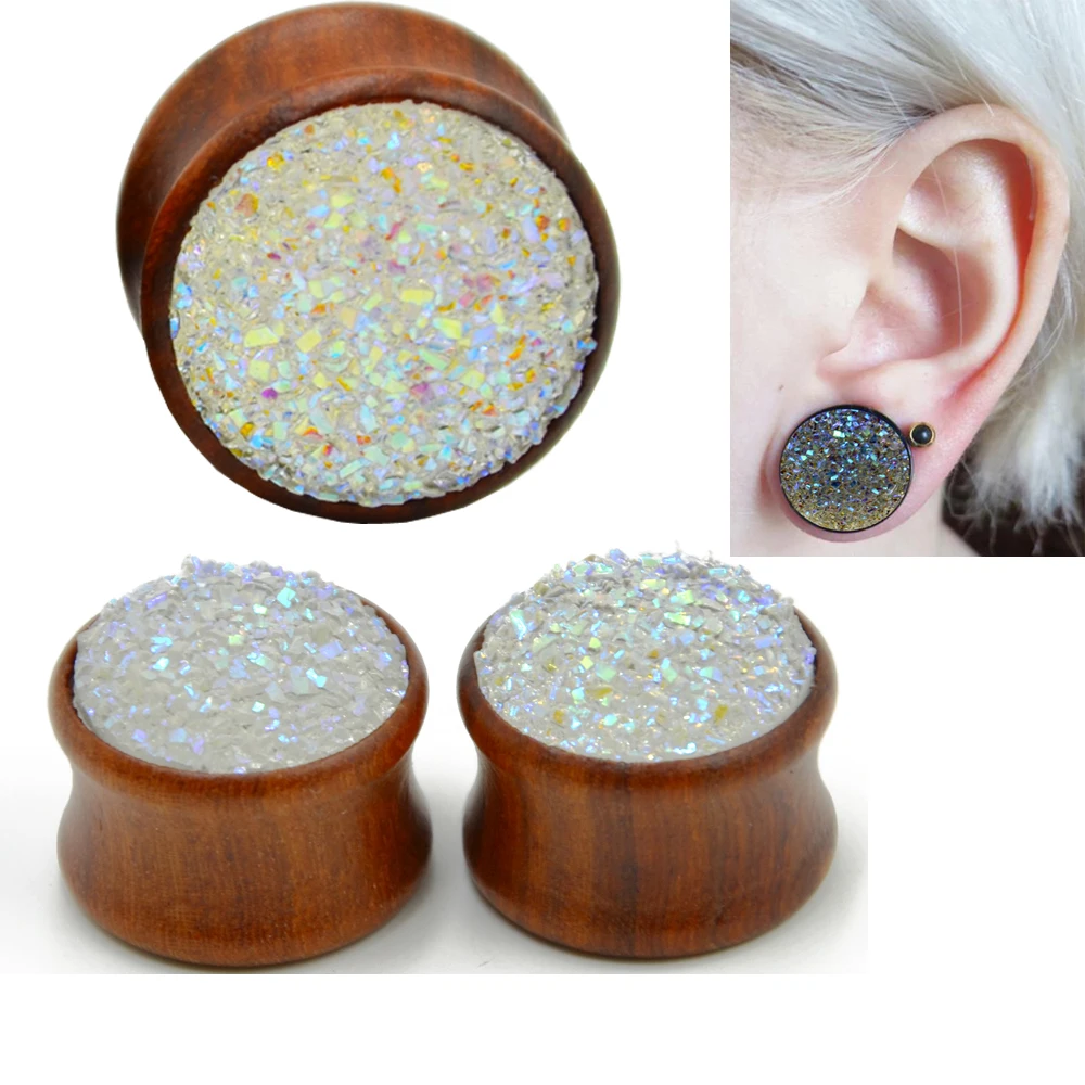 

Showlove-2Pcs Rose Wood Ear Piericng with Synthetic DruzySaddle Plug Flesh Tunnel Expander Double Flared Gauge earings Jewelry