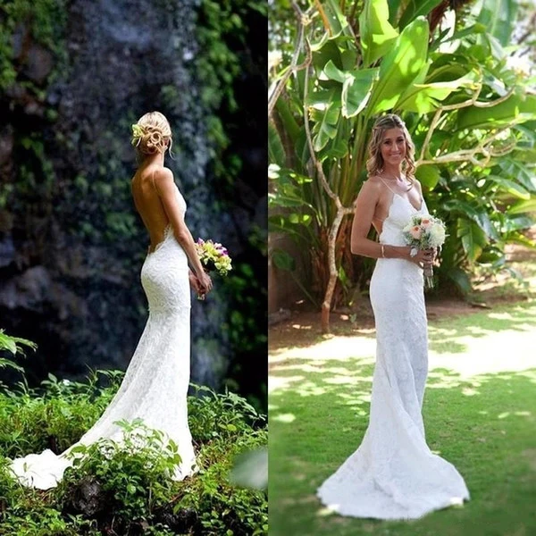 2018 New Fashion Summer Beach Wedding Dresses Spaghetti Straps Full Lace Sexy Backless Floor Length Wedding Bridal Gowns Custom Made