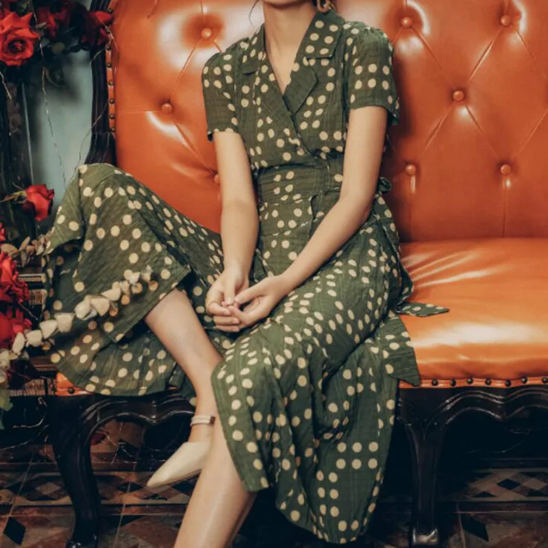 

Neploe Chiffon Polka Dot Print Dress Women Retro Notched Collar Short Sleeve Vestido French Drawstring High Waist Dresses 43832