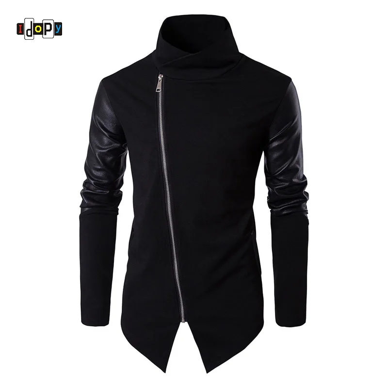 

Idopy Mens Hoodies Sweatshirts Black Pullover Punk Gothic Hip Hop Fashion Streetwear Faux Leather Patchwork Knitwear Hoodies