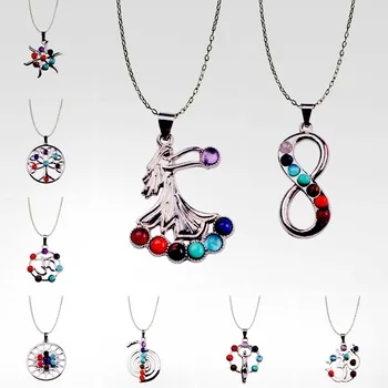 Natural stone seven pulse wheel cure yoga necklace pendant angel wings alloy fairy casual flower blessing woman jewelry