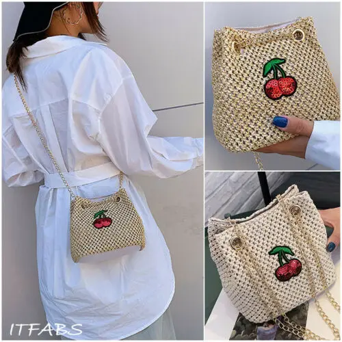 

US Women Girls Rattan Straw Bag Woven Round Handbag Crossbody Beach Summer Bags