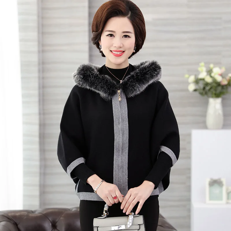 Осенний высококачественный шерстяной свитер для женщин среднего возраста, пальто с рукавом летучая мышь, с капюшоном, на молнии, Модный женский плащ, кардиган, свитер T247