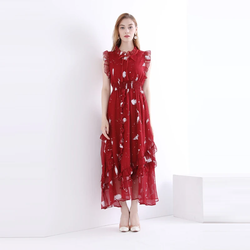 New Autumn Pretty Print Sleeveless Dress High Quality Fashion Sweet Mid-Calf Length Female Red Cute Long Dress New Autumn Pretty Print Sleeveless Dress High Quality Fashion Sweet Mid-Calf Length Female Red Cute Long Dress