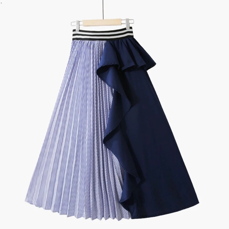 

9930 NEW fashion Striped ruffled decorative women's skirts elastic waist long skirt girl bottoms splice balck blue summer
