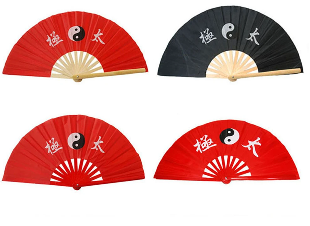 Высококачественный бамбуковый вентилятор Taichi с сумкой, двухсторонний китайский вентилятор кунг-фу для выступлений, красный/Золотой, поклонники боевых искусств, восемь диаграмм