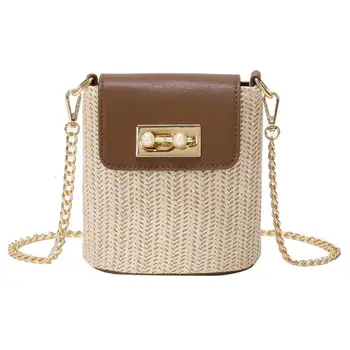 

Hit Color Bag Women Flap Shoulder Messenger Pearl Woven Leather Chain Bags