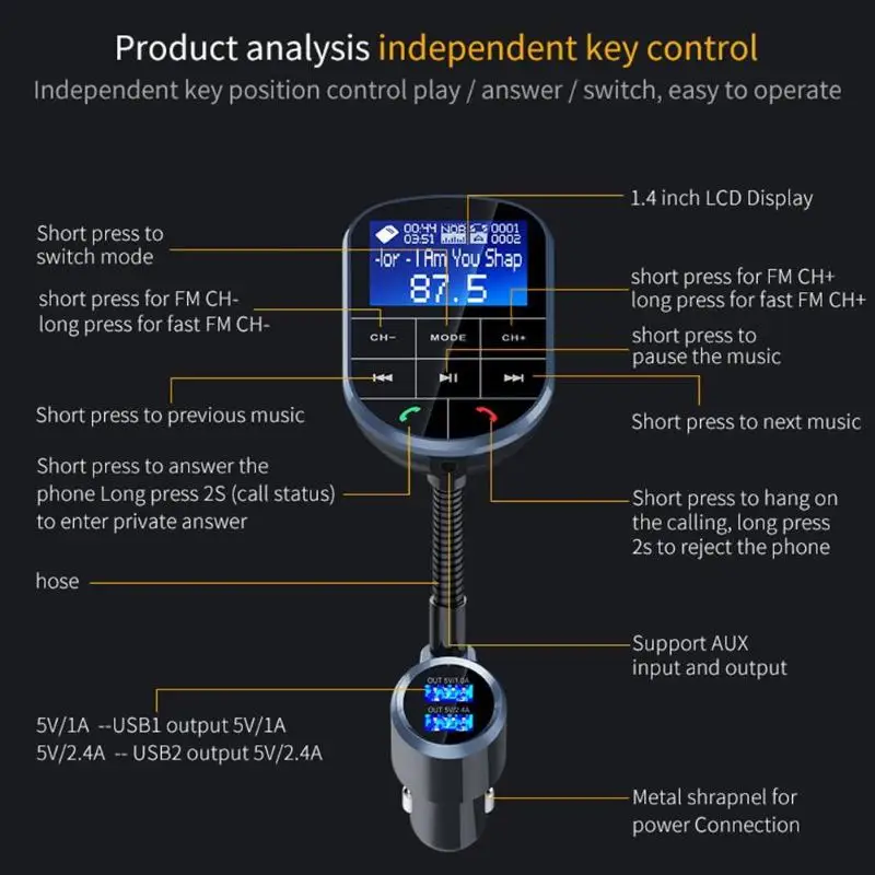 Bluetooth Беспроводной FM передатчик MP3 дисплей проигрывателя двойной зарядное устройство usb