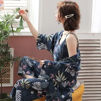 

pajamas for female 3 piece Pajamas Set Women Sexy Pajamas Sleepwear For Women Sleeveless Strap Nightwear Long Pant Robe