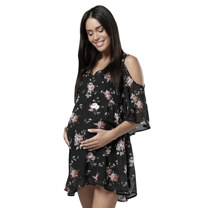 Женские платья для беременных, пляжный сарафан, женское платье, платье для беременных женщин с открытыми плечами, платье с цветочным рисунком для грудного вскармливания - Цвет: BK