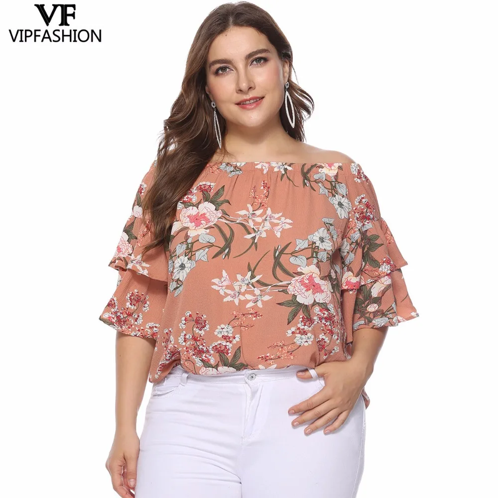 VIP FASHION 2019 New Arrivals Plus Size Sexy Ladies Printed Slash Neck Casual Shirt Half SLeeve Chiffon Women's Summer |