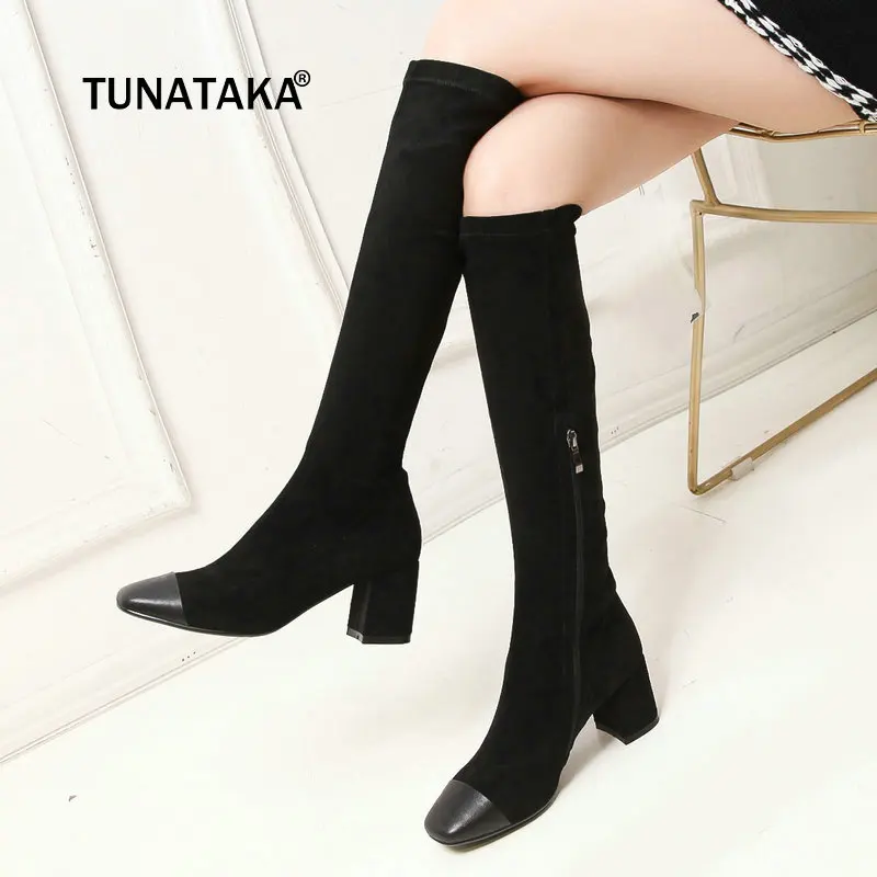 

Women Suede Comfort Thick Heel Knee High Boots Fashion Square Toe Side Zipper Fall Winter Shoes Black Gray
