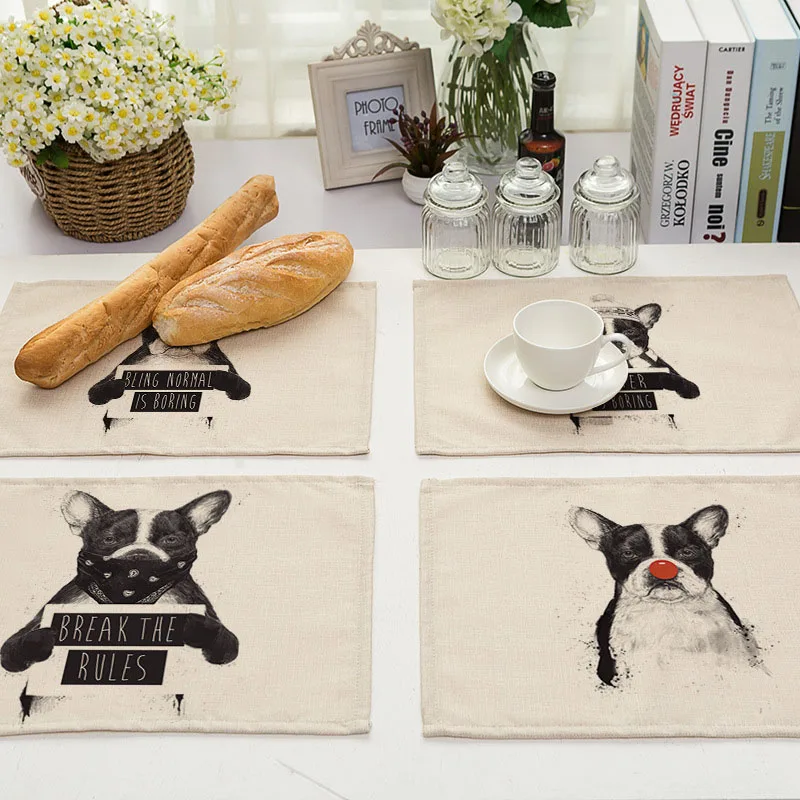 الكلب الفرنسية البلدغ نمط تحديد الموقع طاولة طعام حصيرة القطن الكتان سادة شرب كوستر كأس حصيرة 42*32 سنتيمتر اكسسوارات المطبخ MA0084