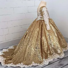 Шикарное бальное платье принцессы с золотыми блестками; кружевное платье для девочек; блестящие пышные платья с v-образным вырезом; Вечерние Платья с цветочным узором для девочек со шлейфом