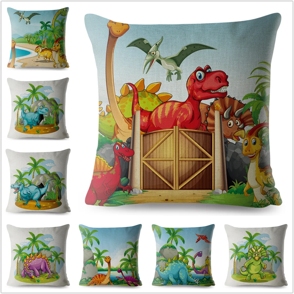Colorful Dinosaur Linen Pillow Case Animal Cushion Cover for Sofa Home