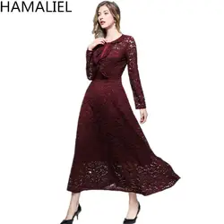 HAMALIEL осень Для женщин кружевное длинное платье элегантный 2018 Винтаж цвет красного вина выдалбливают оборками Тонкий Однобортный большие