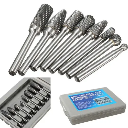 8Pcs 1//4/'/' Shank Double Cut Carbide Rotary Burr Bit Set for Die Grinder Carving