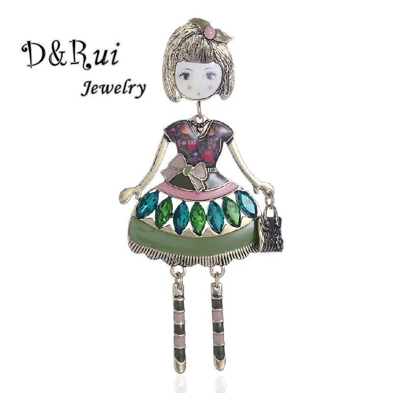 

2019 New Doll Brooches Creative Personality Girl Wear Beautiful Dress Bag Jewelry Rhinestone Decoration Female Charm Alloy Pins
