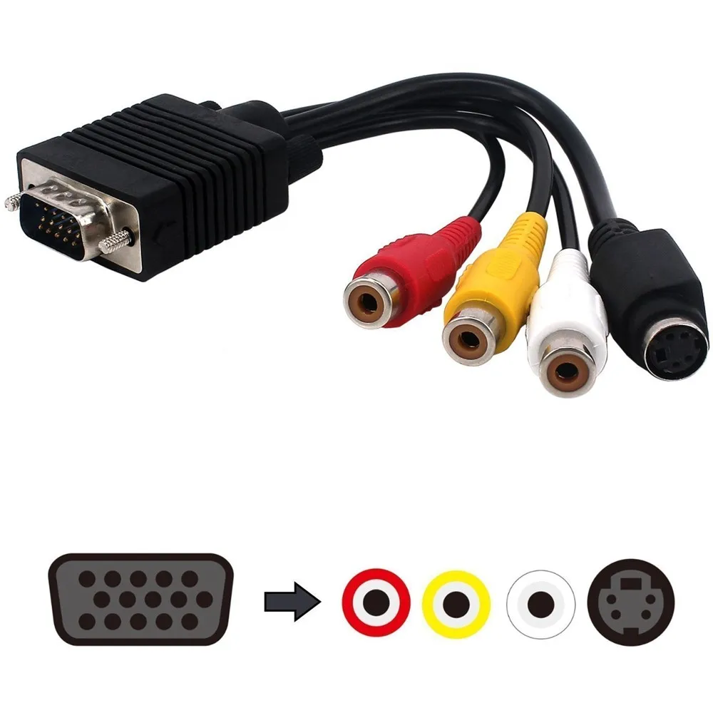 VGA الذكور إلى S-فيديو 3 RCA جاك الإناث مركب AV التلفزيون خارج محول محول الفيديو كابل للكمبيوتر إلى شاشات كريستال بلورية العارض التلفزيون VGA الذكور إلى S-فيديو 3 RCA جاك الإناث مركب AV التلفزيون خارج محول محول الفيديو كابل للكمبيوتر إلى شاشات كريستال بلورية العارض التلفزيون