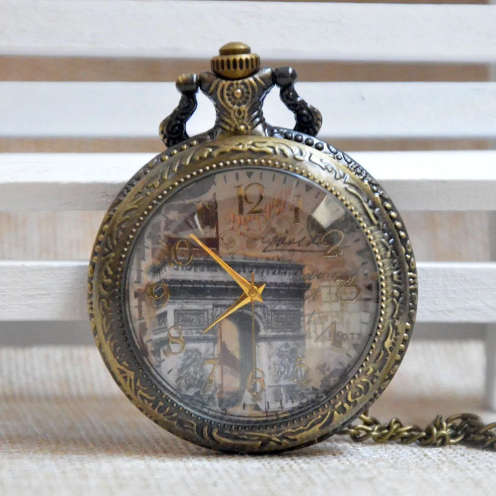 Bronze France Triumphal arch Quartz Pocket Watch Analog Pendant Necklace Mens Womens Gifts Reloj