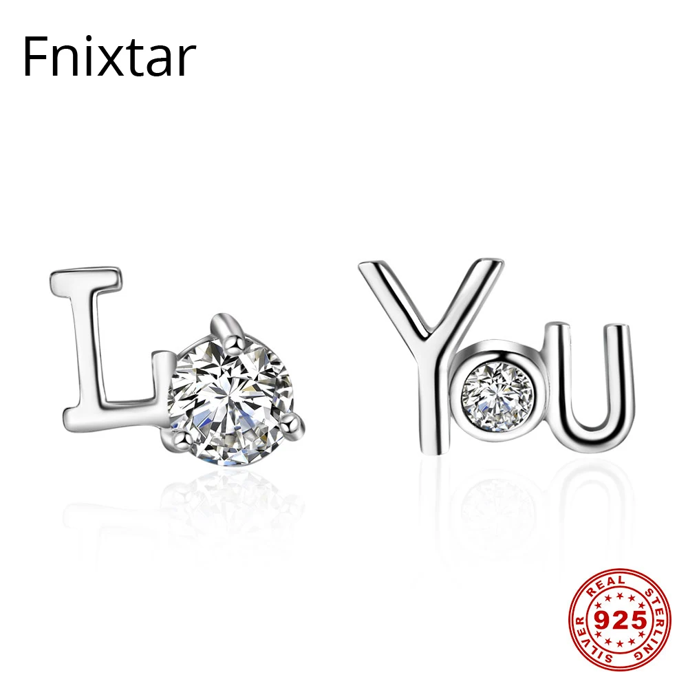 Женские серьги гвоздики Fnixtar из 100% стерлингового серебра 925 пробы с надписью Love You
