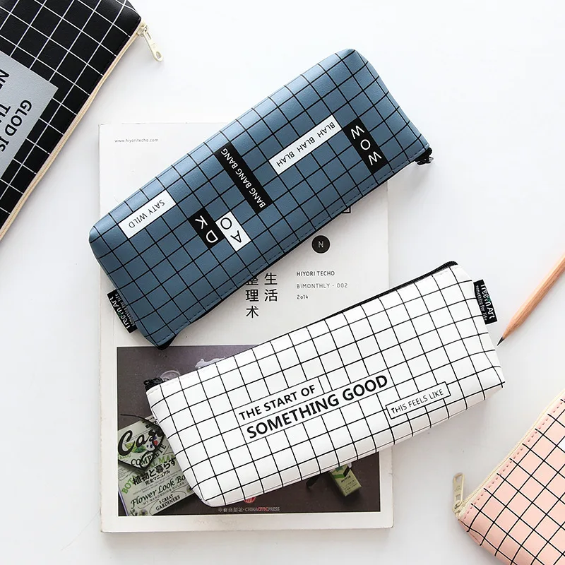 

Cute Simple Grid Pencil Case Etui Kawai Leather Pencil Bags Box Pen Cases For Boys Girls Bts Korean Stationery School Supplies