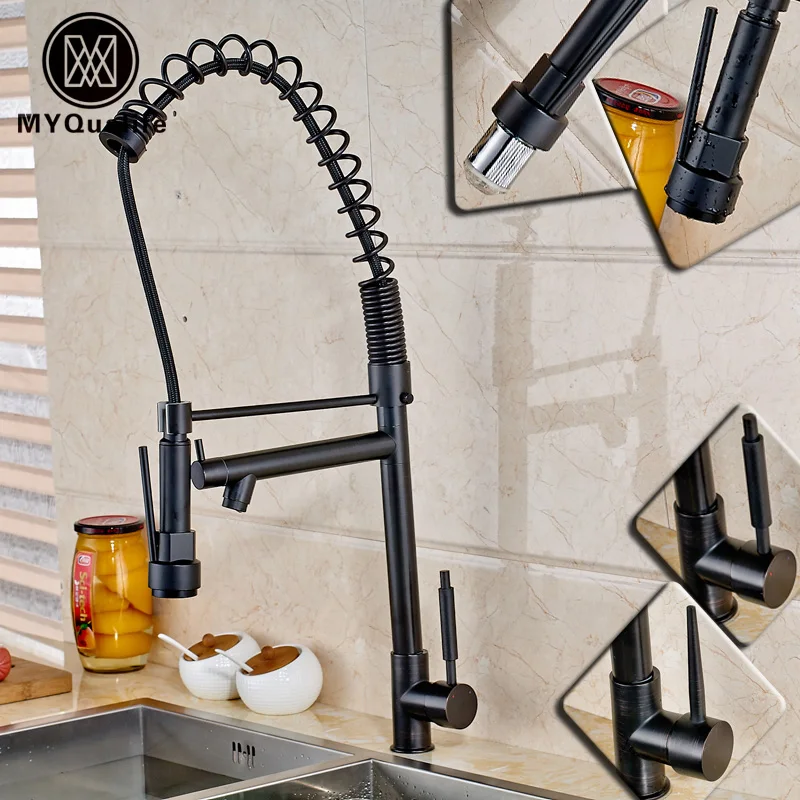 

Oil Rubbed Bronze Single Handle Kitchen Spring Sink Mixer Faucet with Side Spout Deck Mounted Hot and Cold Water