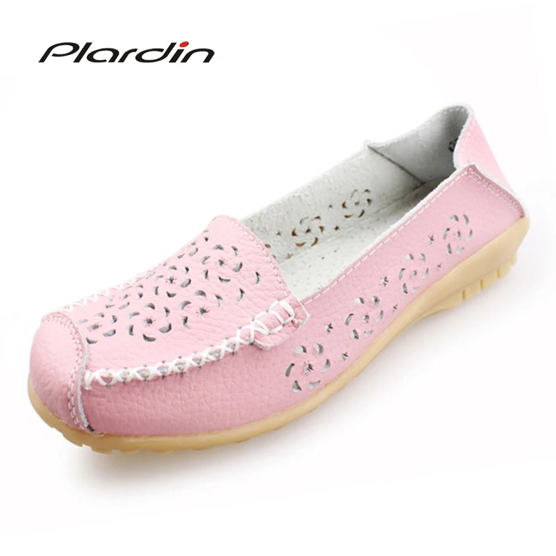 

Plardin New Round Toe Genuine Leather Shoes Flat Cut Outs Women Shoes Concise Casual Ballet Flats Women Nurse Loafers