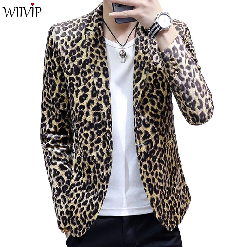 

New Man Fashion Print Leopard Notched Collar Full Sleeve Smooth Soft Fabric Blazer Coat Male Spring Autumn Slim Outerwear 1122
