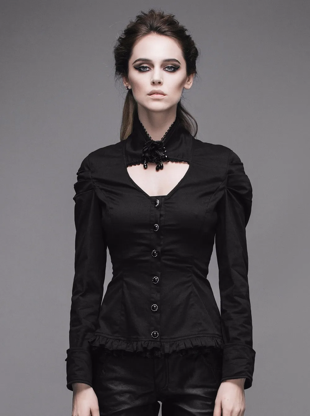 Devil модные панк женские рубашки на пуговицах готические черные шифоновые блузки с длинным рукавом Топ Глубокий v-образный вырез Карьера рубашки